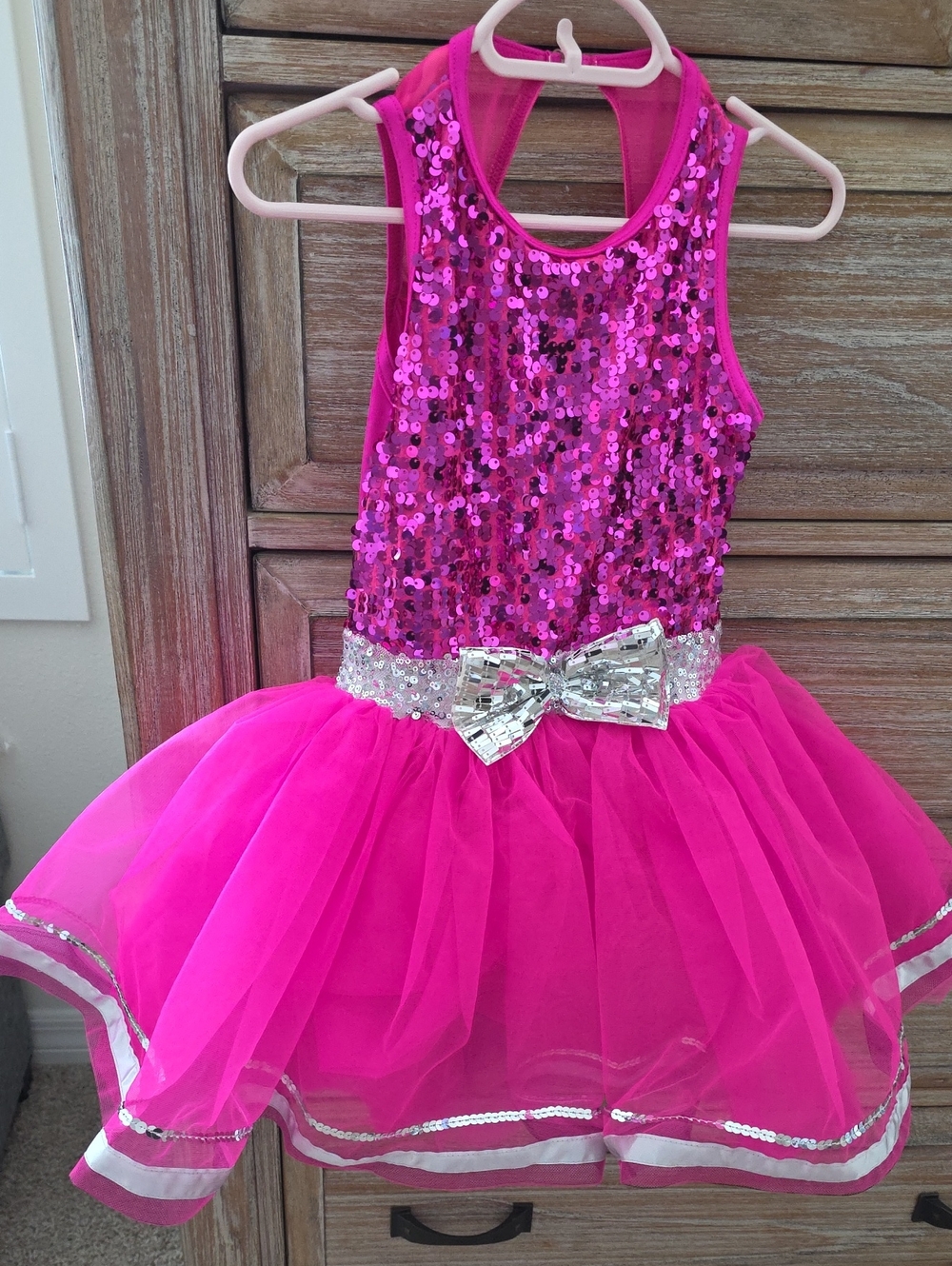 Weissman Hot Pink Sequin Tutu Dress with Silver Bow